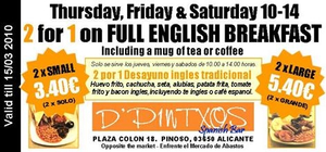 D Pintxos Spanish Bar Pinoso 2 for 1 on Full breakfast